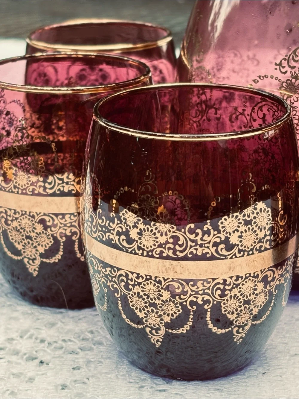 Murano Purple and Gold Glass Decanter Set - 7 Pieces plus a vase